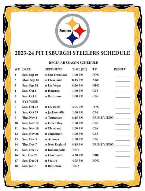 Pittsburgh Steelers Printable Schedule