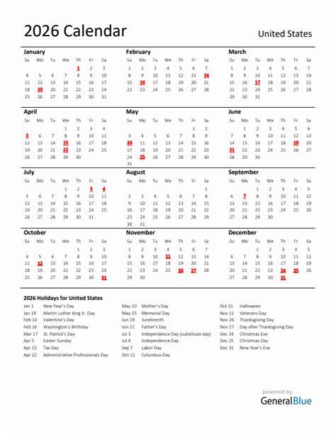 2026 calendar with holidays