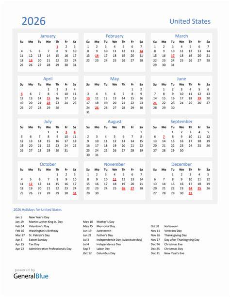 2026 calendar with holidays
