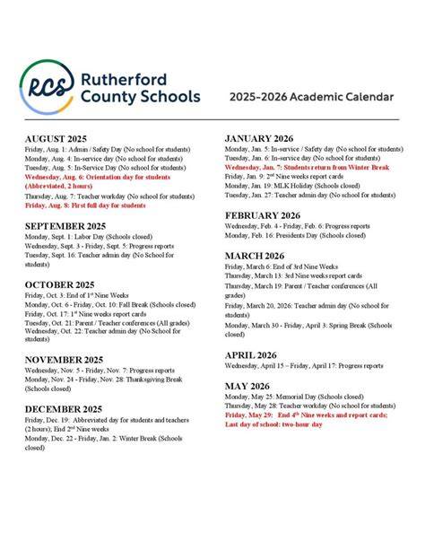 rutherford county school calendar