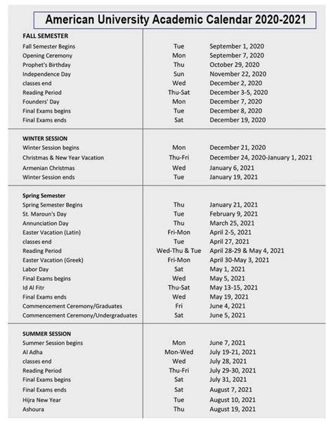 american university academic calendar