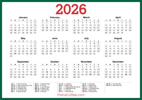 2026 calendar with holidays