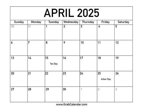calendar for april 2025