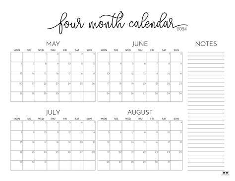 Printable 4 Month Calendar 2025