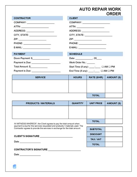 Printable Auto Repair Work Order Template