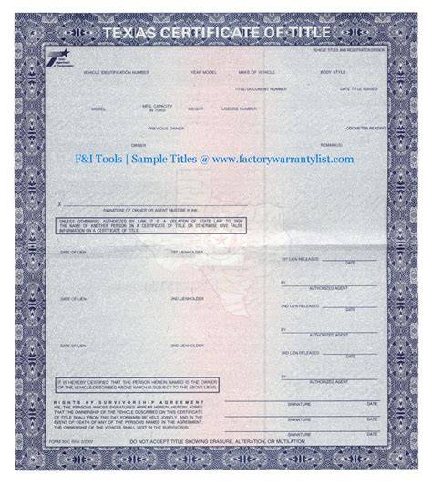 Printable Blank Car Title Template Texas