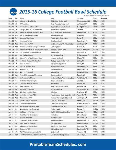 Printable Bowl Game Schedule