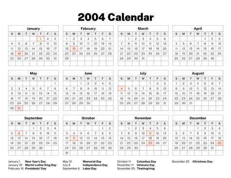 Printable Calendar 2004