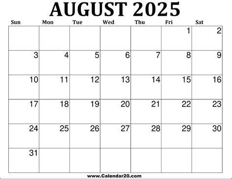 Printable Calendar For August 2025