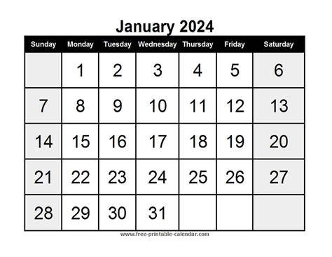 Printable Calendar January 2024