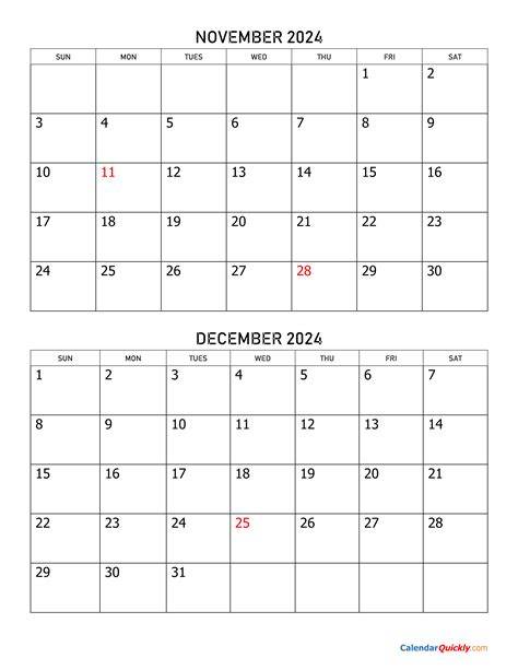 Printable Calendar November December 2024