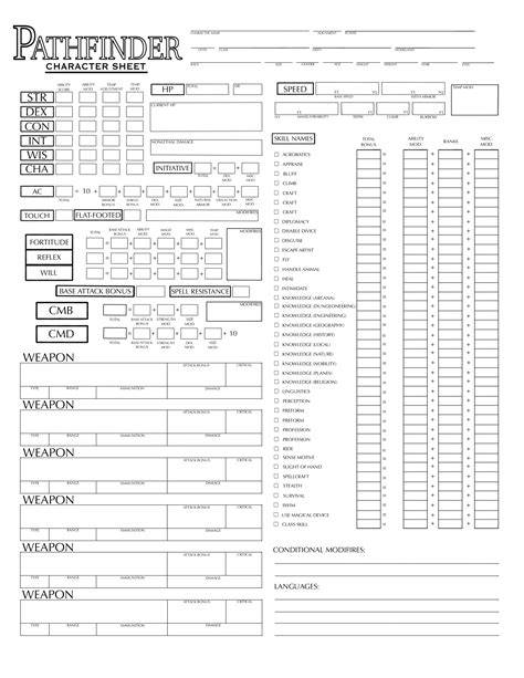 Printable Character Sheet Pathfinder