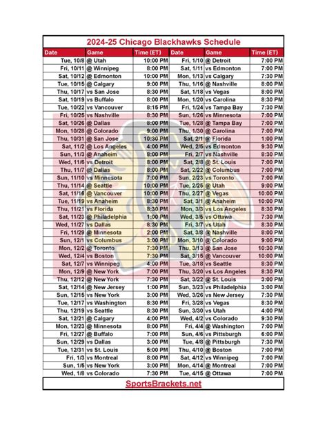 Printable Chicago Blackhawks Schedule