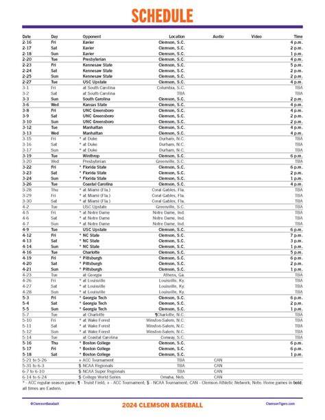 Printable Clemson Baseball Schedule 2025
