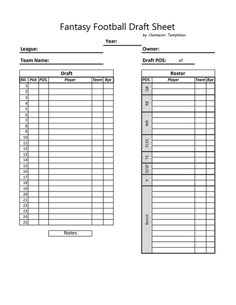 Printable Fantasy Football Draft Sheet
