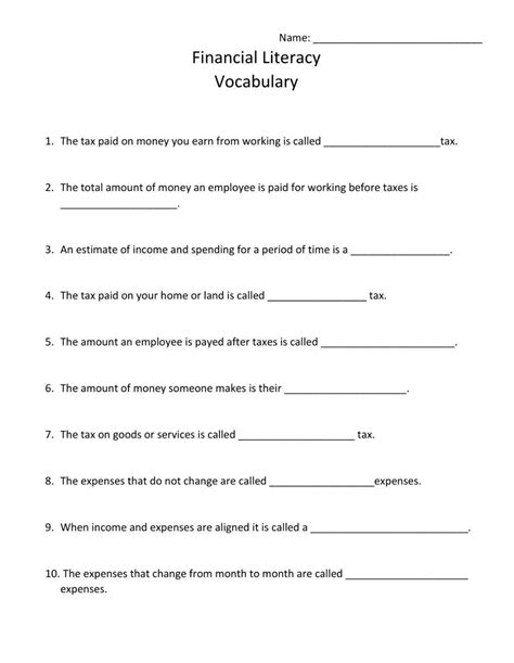 Printable Financial Literacy Worksheets Pdf