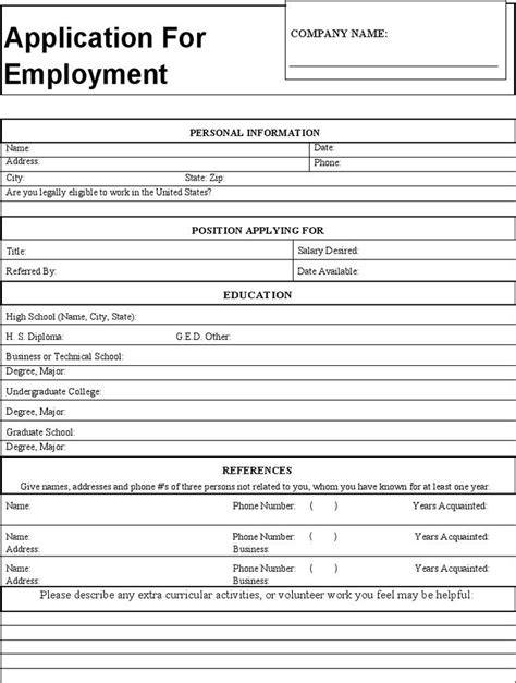 Printable Generic Application For Employment