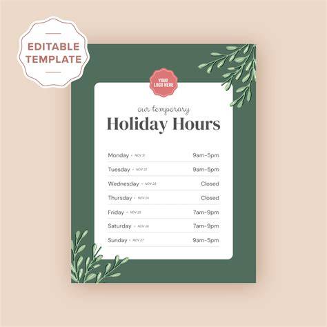 Printable Holiday Hours Template