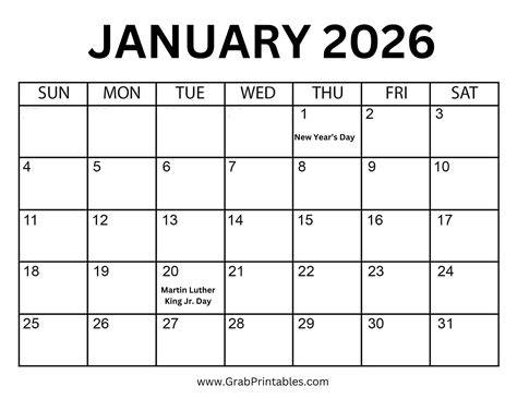 Printable January 2026 Calendar