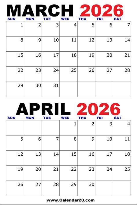 Printable March And April Calendar