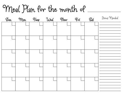 Printable Meal Plan Calendar