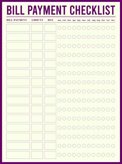 Printable Monthly Bill Pay Checklist