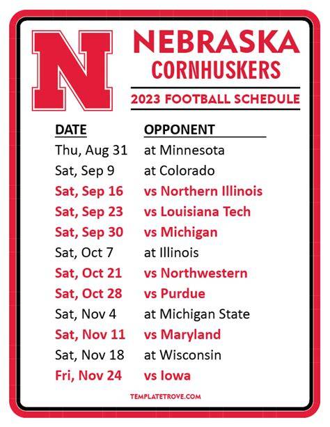 Printable Nebraska Football Schedule 2025