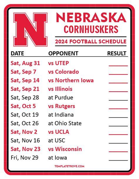Printable Nebraska Football Schedule