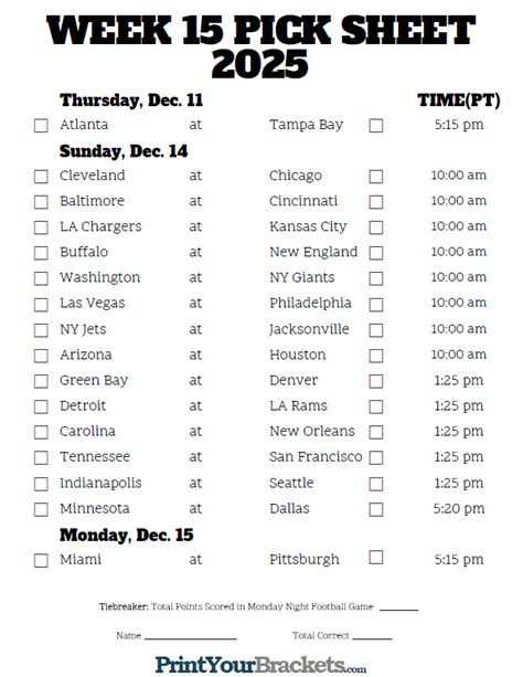 Printable Nfl Schedule Week 15