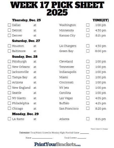 Printable Nfl Schedule Week 17