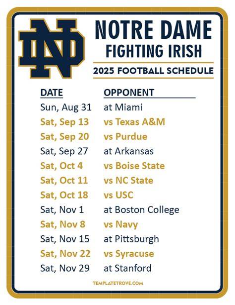 Printable Notre Dame Football Schedule