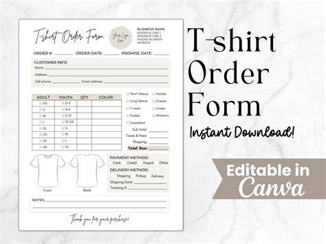 Printable Order Forms For T Shirts