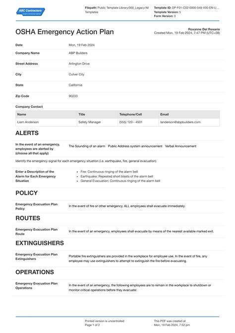 Printable Osha Emergency Action Plan Template