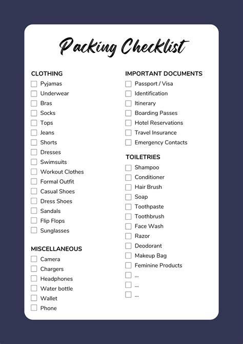 Printable Packing Checklist