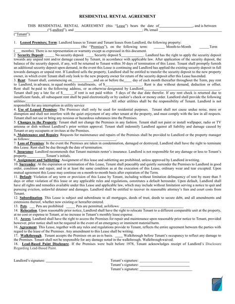 Printable Pdf Rental Agreement Form