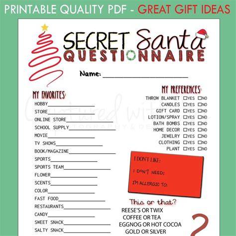 Printable Pdf Secret Santa Questionnaire