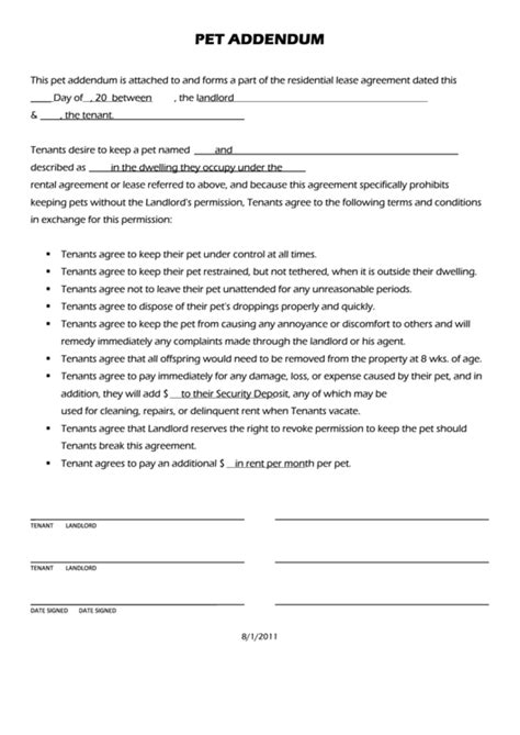 Printable Pet Agreement Form
