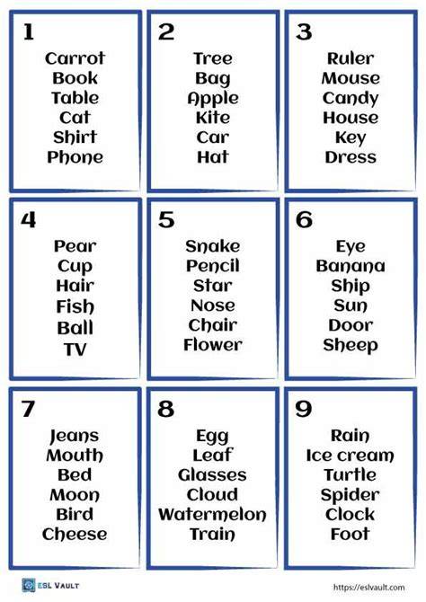 Printable Pictionary Game Cards