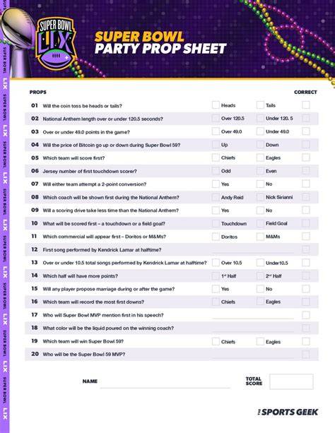 Printable Super Bowl Prop Bets 2025