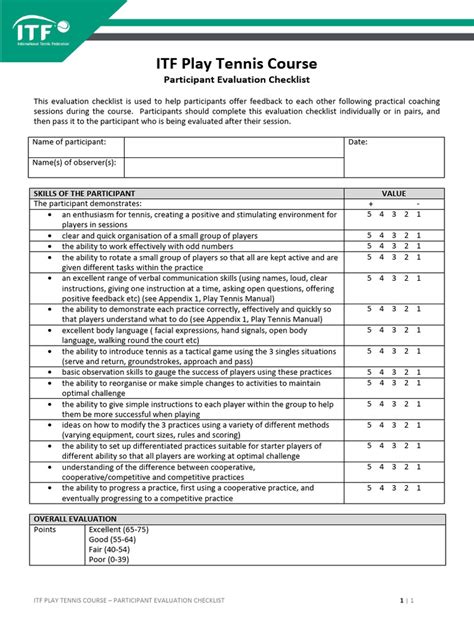 Printable Tennis Player Evaluation Form