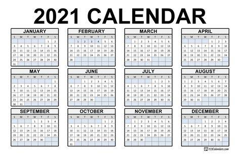 Printable Year Calendar 2021