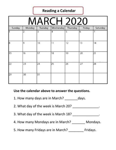 Reading A Calendar Worksheet