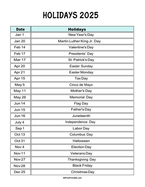 2025 holidays calendar