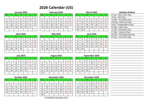 2026 calendar with holidays