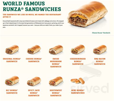 Runza Printable Menu