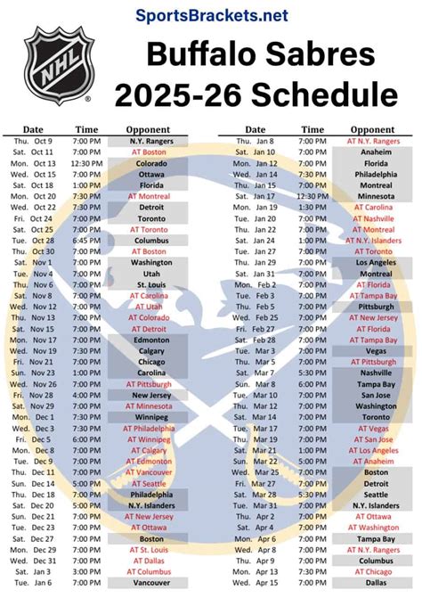 Sabres Schedule Printable