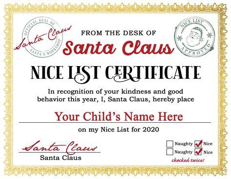 Santa Nice List Certificate Free Printable