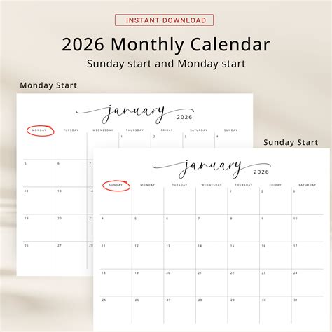 is us calendar start of monday