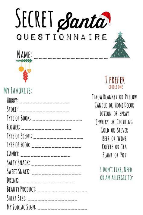 Secret Santa Questions Free Printable