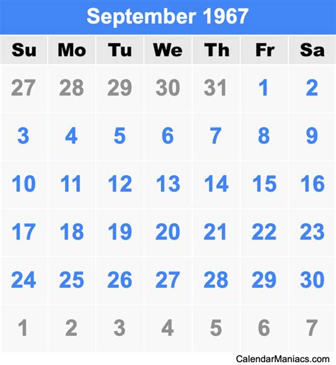 September 1967 Calendar